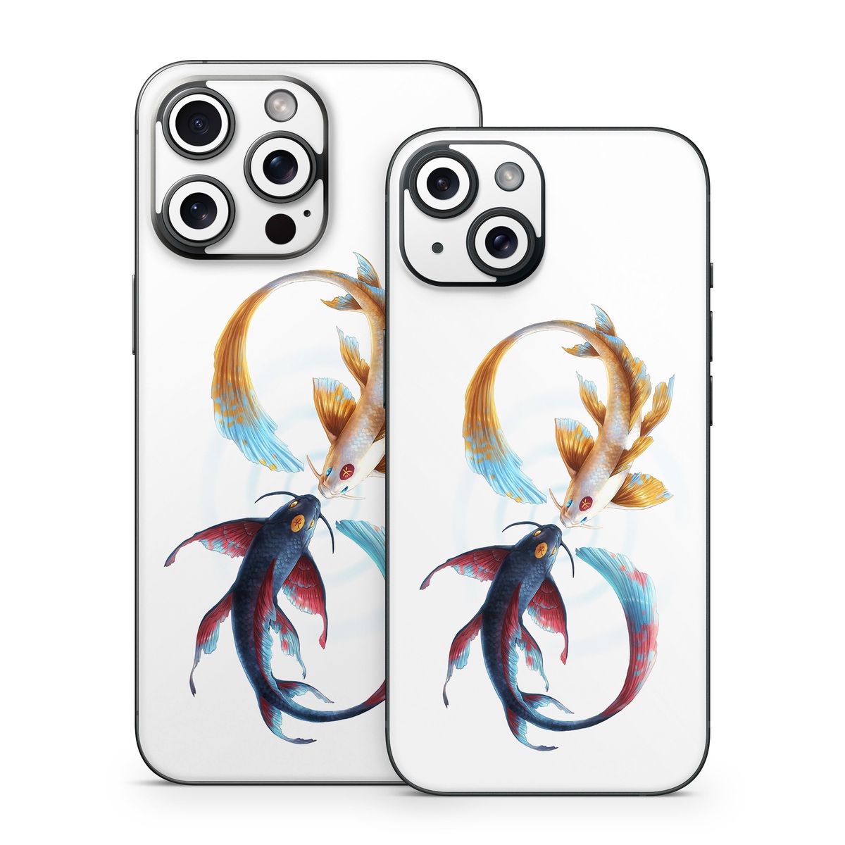 iPhone 15 Series Skin design of Marine invertebrates, Art, Wing, Feather, Tree, Beak, Electric blue, Fish, Natural material, Painting, with white, black, yellow, orange, red, blue colors