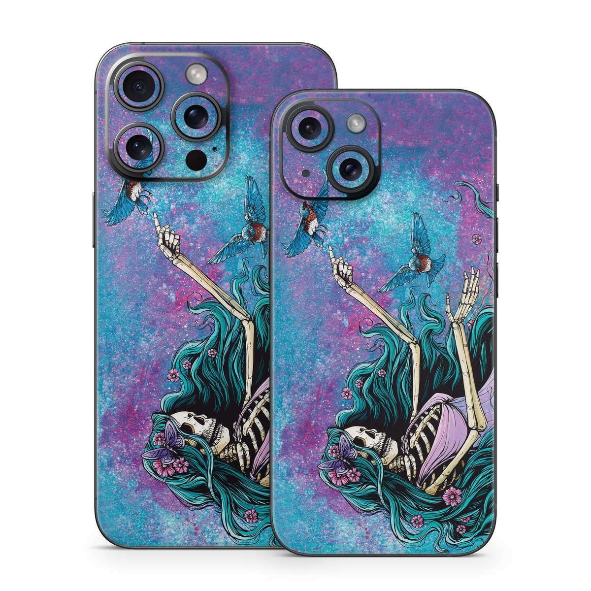 iPhone 15 Series Skin design of Green, Purple, Painting, Paint, Art, Cg artwork, Mythical creature, Musical instrument, Graffiti, Artist, with blue, purple, white, gray, brown colors