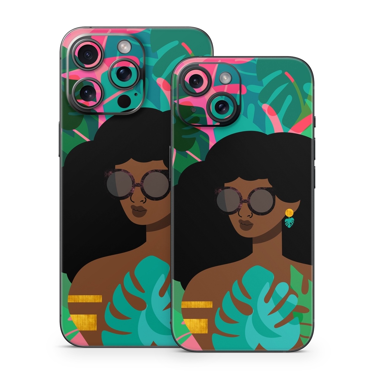 iPhone 15 Series Skin design of Illustration, Afro, Art, Eyewear, Glasses, Graphic design, Visual arts, Graphics, Fictional character, with brown, black, green, pink, blue, yellow colors