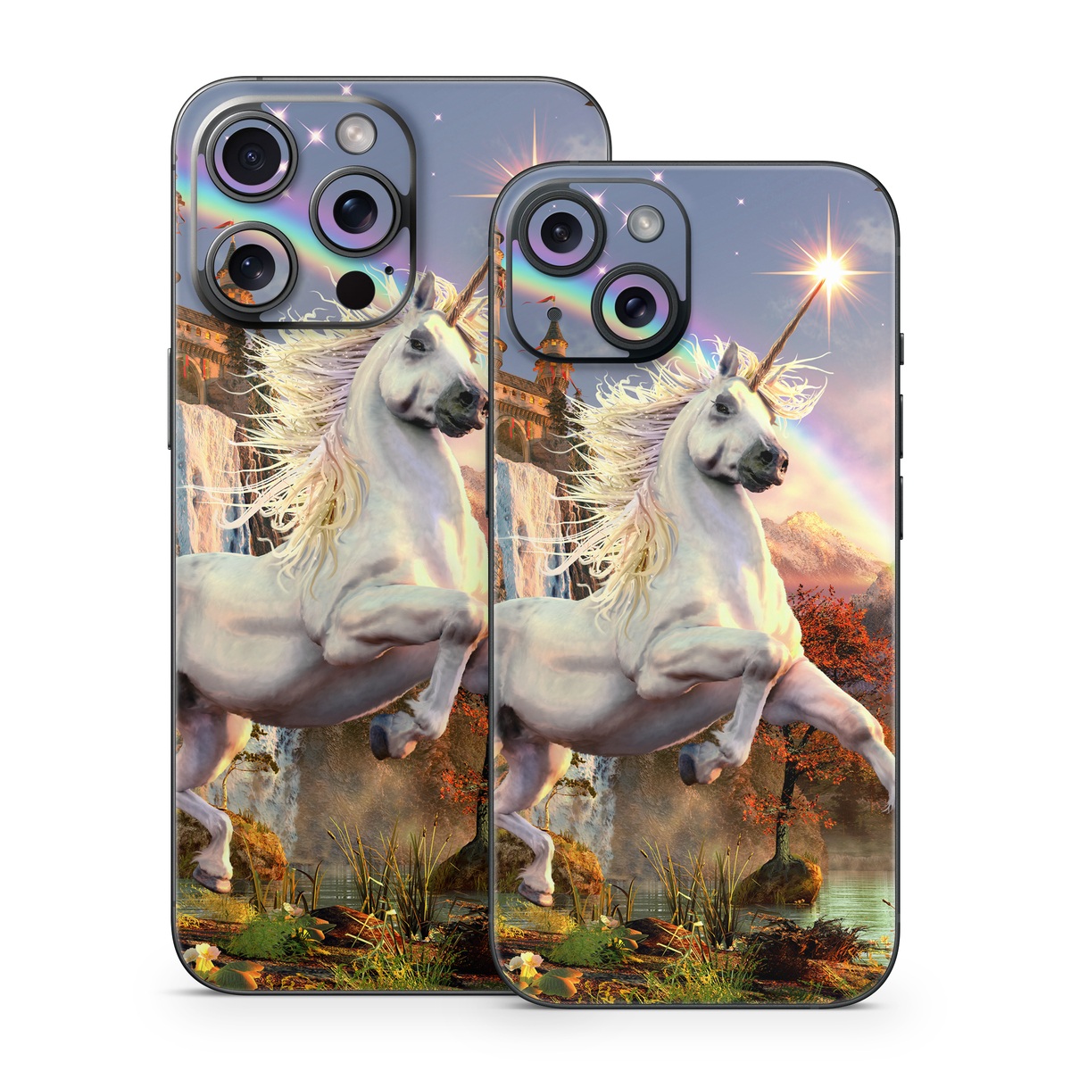 iPhone 15 Series Skin design of Nature, Unicorn, Fictional character, Sky, Mythical creature, Mythology, Cg artwork, Horse, Mane, Wildlife, with black, gray, red, green, blue colors