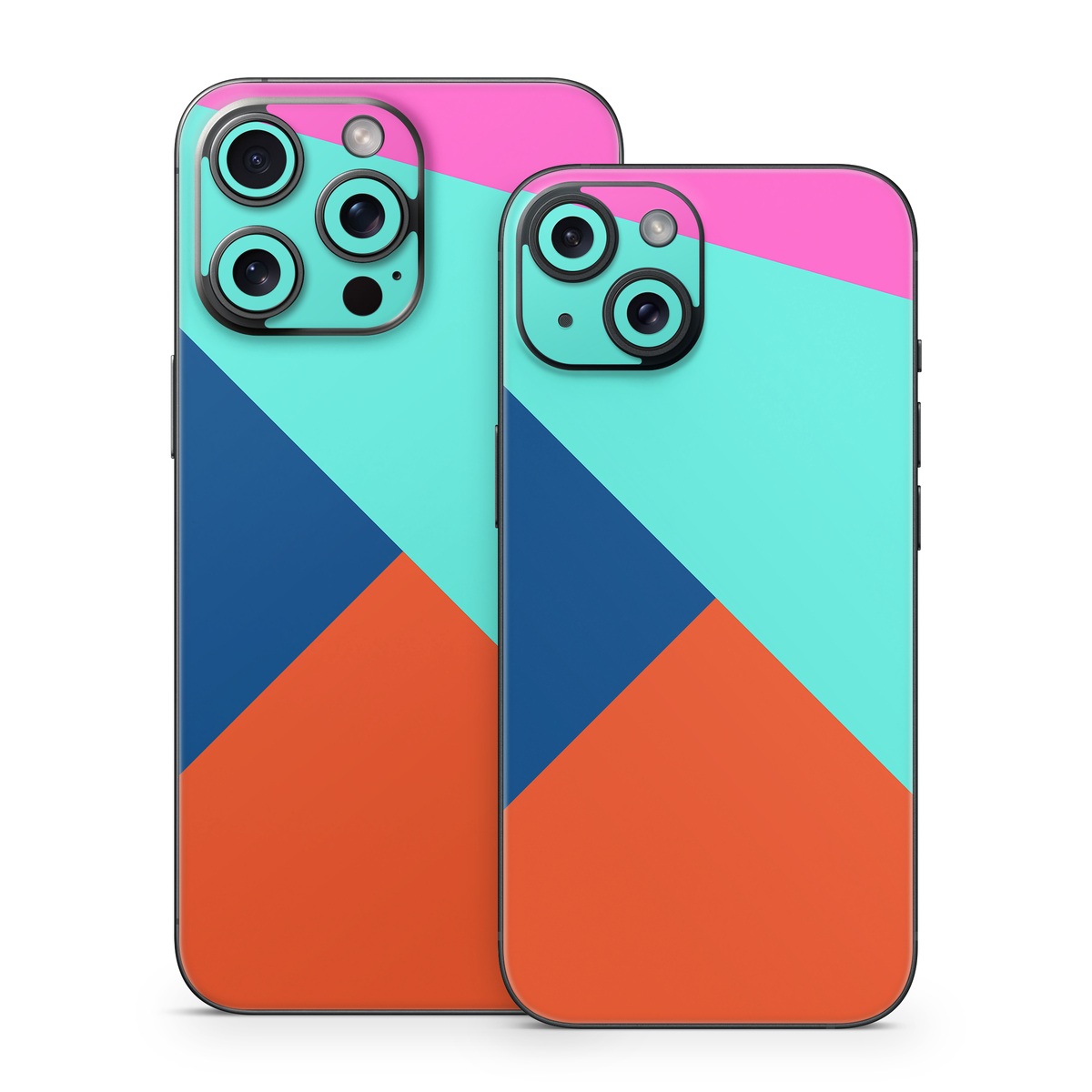 iPhone 15 Series Skin design of Blue, Colorfulness, Turquoise, Line, Azure, Triangle, Pattern, Graphic design, Magenta, with blue, pink, orange, red colors