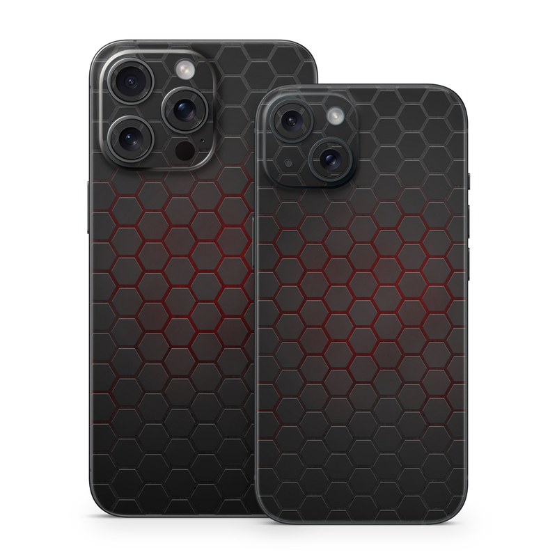 iPhone 15 Series Skin design of Black, Pattern, Metal, Design, Mesh, Carbon, Space, Wallpaper, with black, red colors