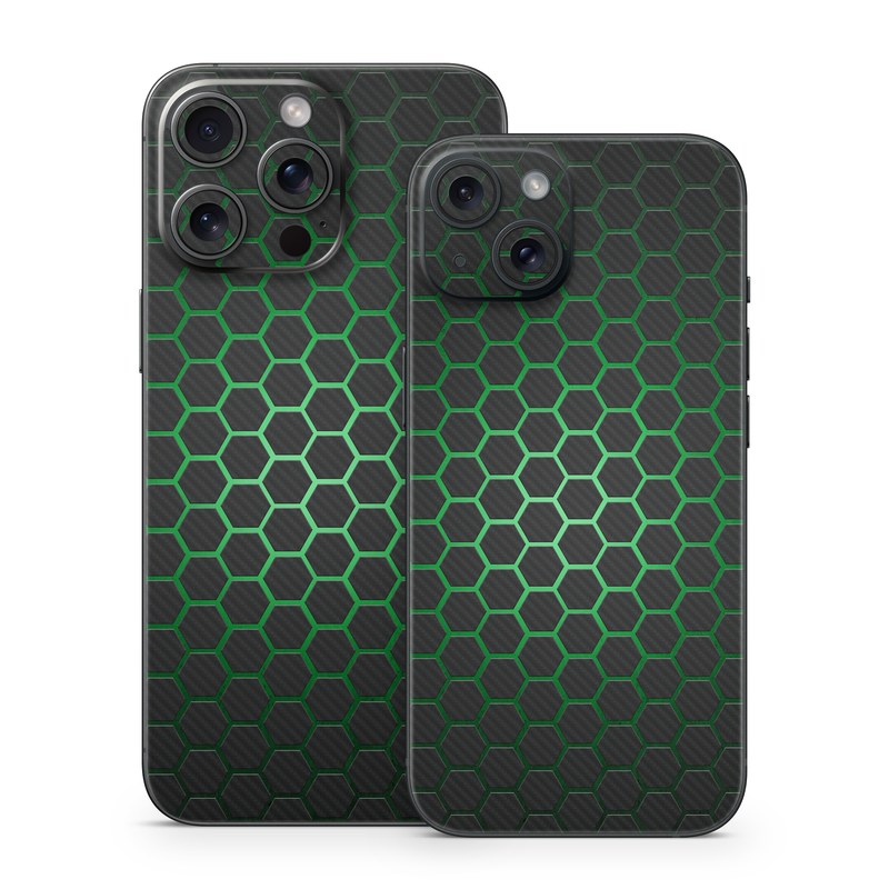 iPhone 15 Series Skin design of Pattern, Metal, Design, Carbon, Space, Circle, with black, gray, green colors