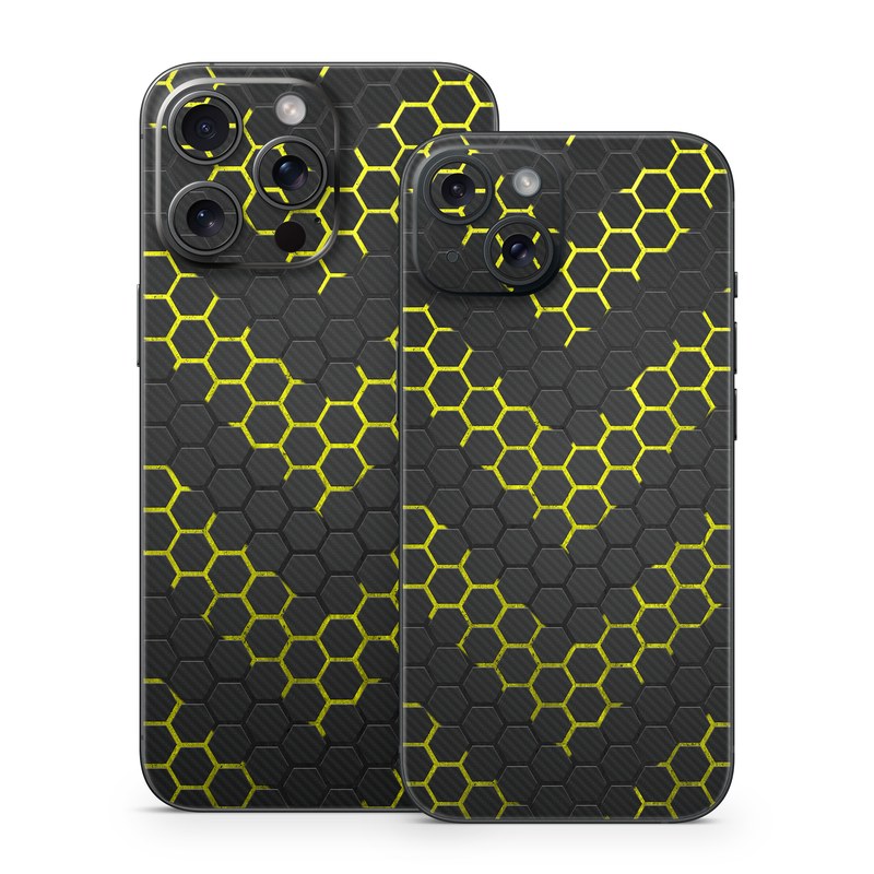 iPhone 15 Series Skin design of Black, Pattern, Yellow, Mesh, Net, Chain-link fencing, Design, Metal, with black, gray, yellow colors