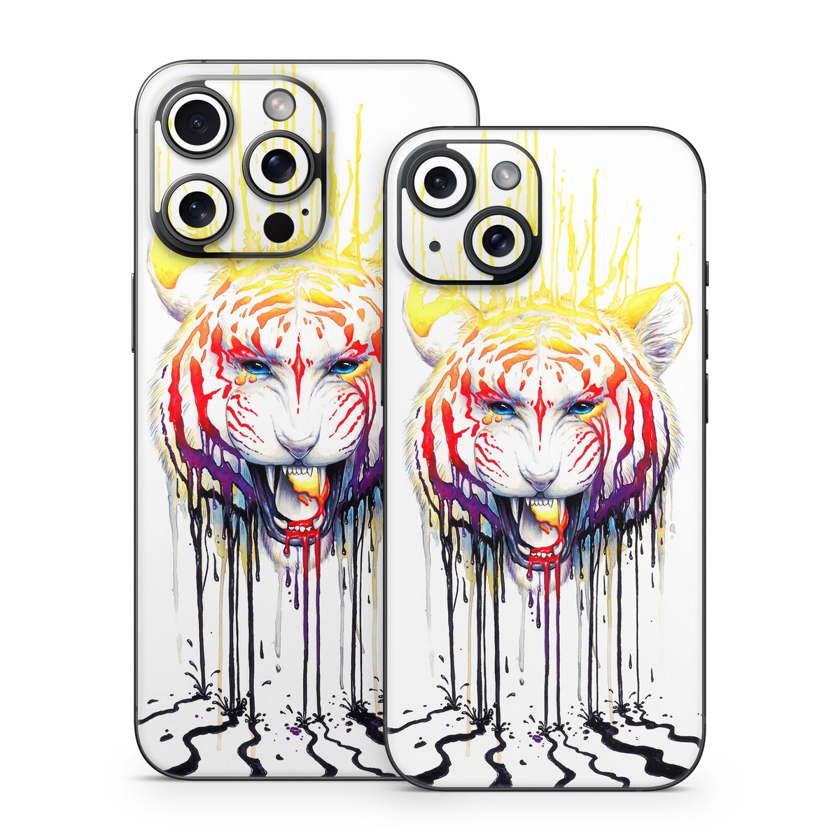 iPhone 15 Series Skin design of Jaw, Roar, Organism, Gesture, Art, Font, Felidae, Painting, Illustration, Drawing, with white, black, yellow, red, orange, purple colors