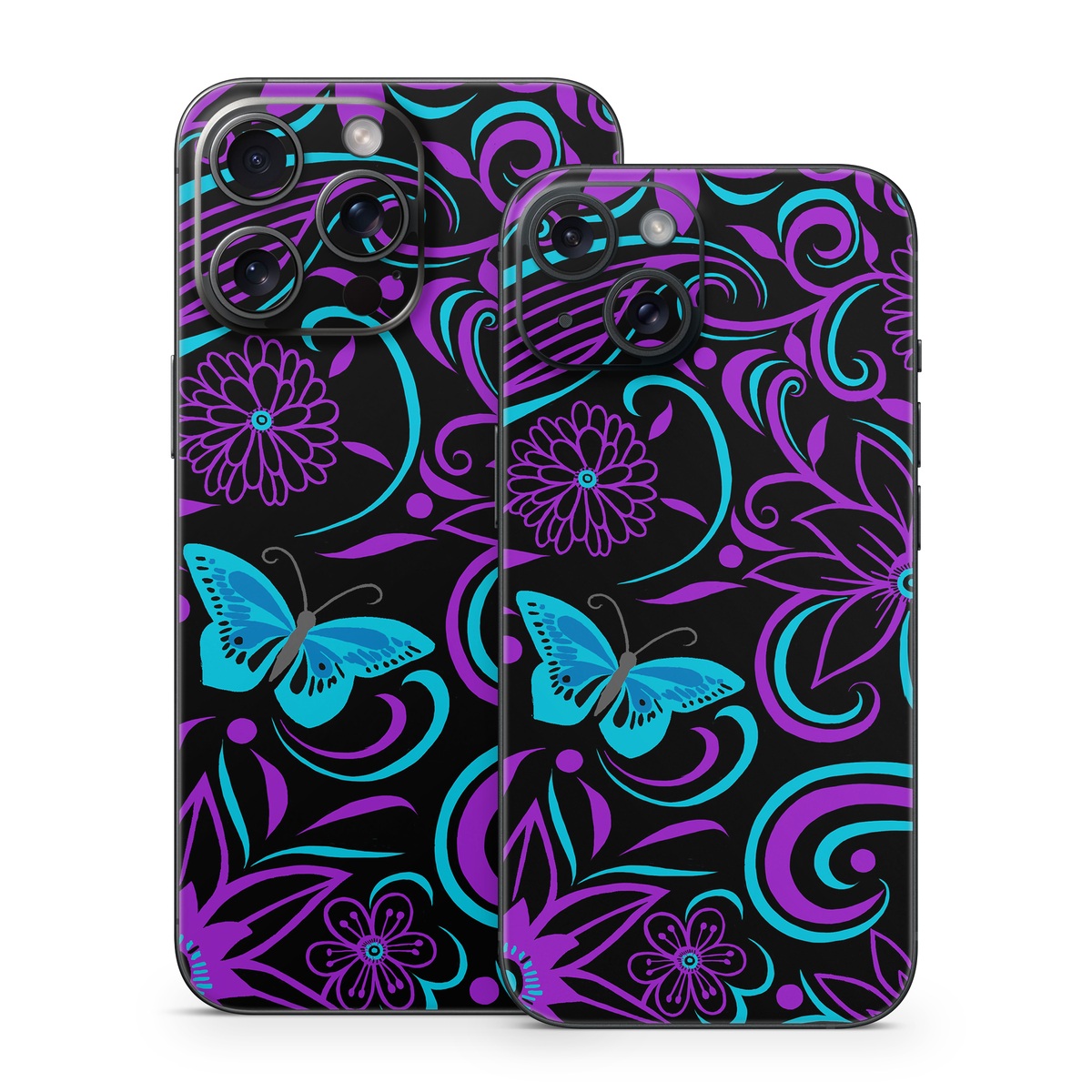 iPhone 15 Series Skin design of Pattern, Purple, Violet, Turquoise, Teal, Design, Floral design, Visual arts, Magenta, Motif, with black, purple, blue colors