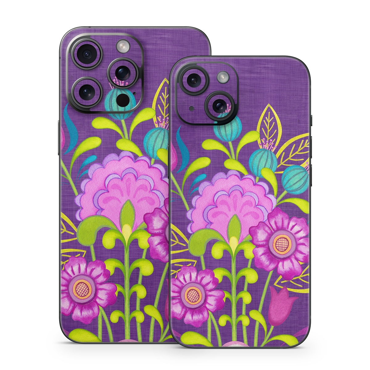 iPhone 15 Series Skin design of Flower, Pattern, Plant, Violet, Botany, Visual arts, Design, Floral design, Art, Magenta, with blue, purple, green, gray, red colors