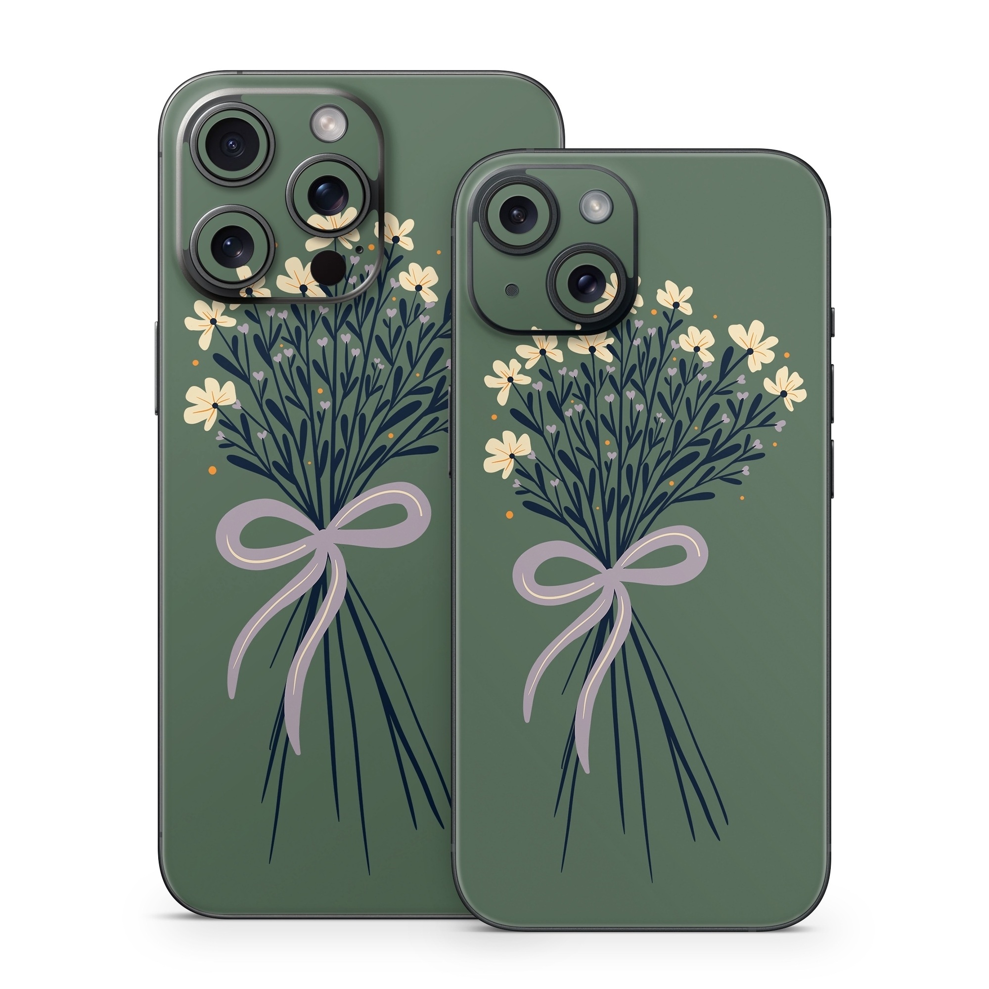 iPhone 15 Series Skin design of Flower, Plant, Twig, Tree, Art, Pedicel, Flowering plant, Grass, Petal, Illustration, with green, yellow, white, purple colors
