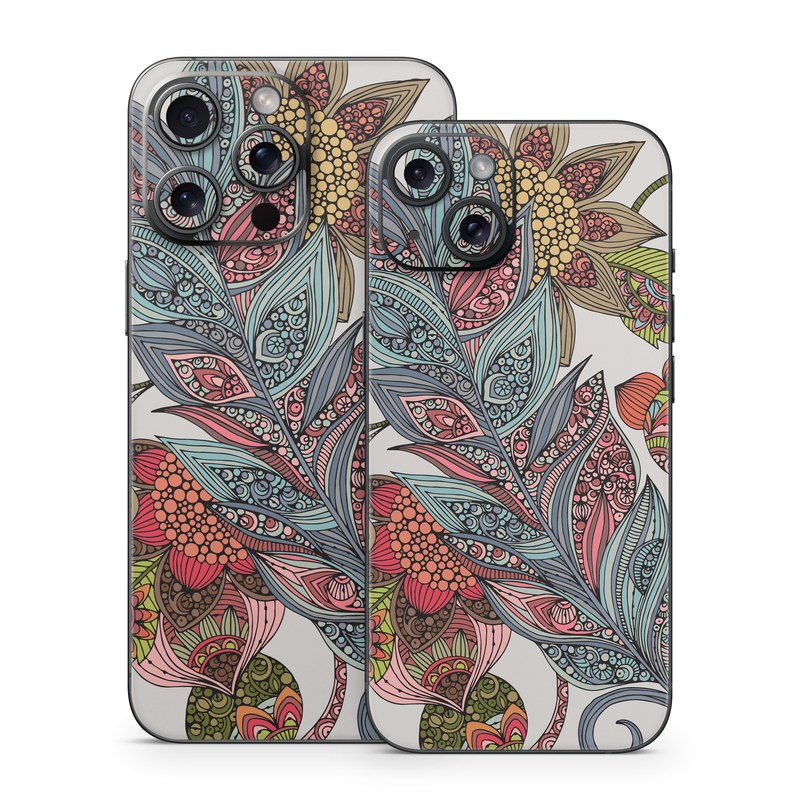 iPhone 15 Series Skin design of Botany, Plant, Leaf, Pattern, Flower, Illustration, Design, Motif, Protea family, Flowering plant, with green, blue, pink, red, yellow, orange, gray, brown colors
