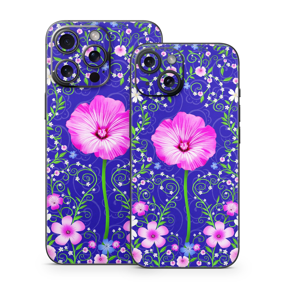 iPhone 15 Series Skin design of Purple, Violet, Flower, Plant, Wildflower, Pattern, Petal, Design, Graphics, Morning glory, with blue, purple, pink, green, white, yellow colors