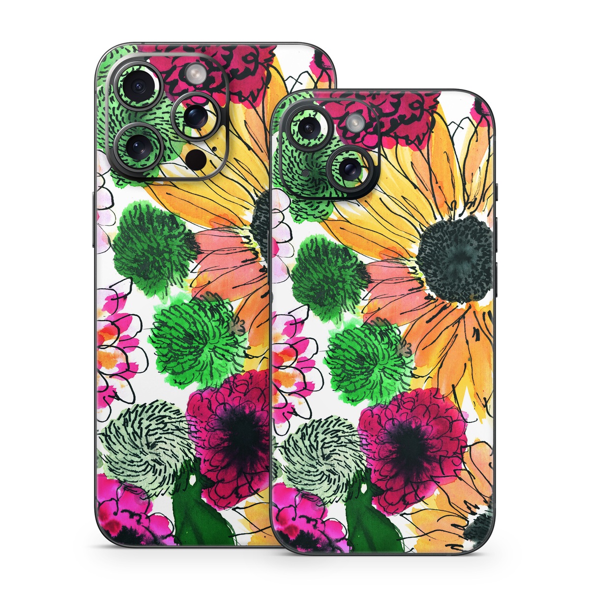 iPhone 15 Series Skin design of Flower, Floral design, Plant, Gazania, african daisy, Petal, Pattern, Botany, Wildflower, Design, with red, yellow, green, pink, black colors