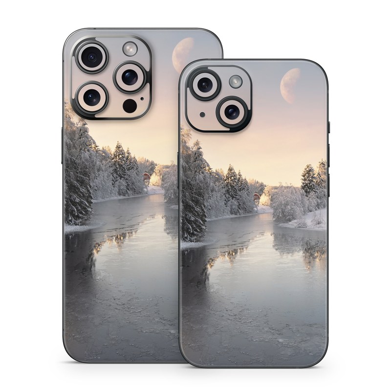 iPhone 15 Series Skin design of Water, Cloud, Sky, Atmosphere, Water resources, Tree, Natural landscape, Moon, Snow, Dusk, with blue, black, yellow, orange, white colors