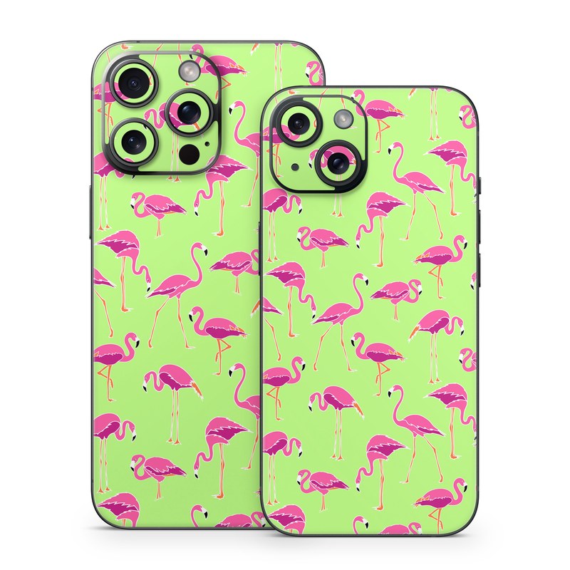 iPhone 15 Series Skin design of Pink, Green, Red, Pattern, Wrapping paper, Textile, Design, Flamingo, Line, with pink, green colors