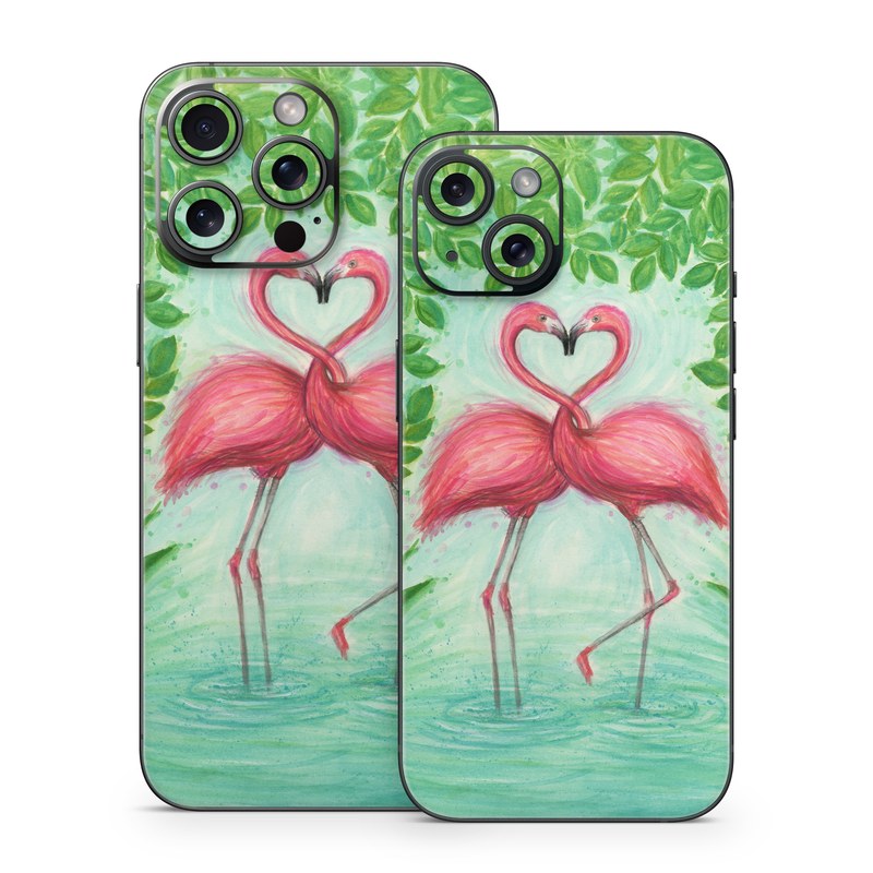 iPhone 15 Series Skin design of Flamingo, Greater flamingo, Bird, Water bird, Pink, Illustration, Watercolor paint, Organism, Drawing, Stork, with pink, blue, green colors