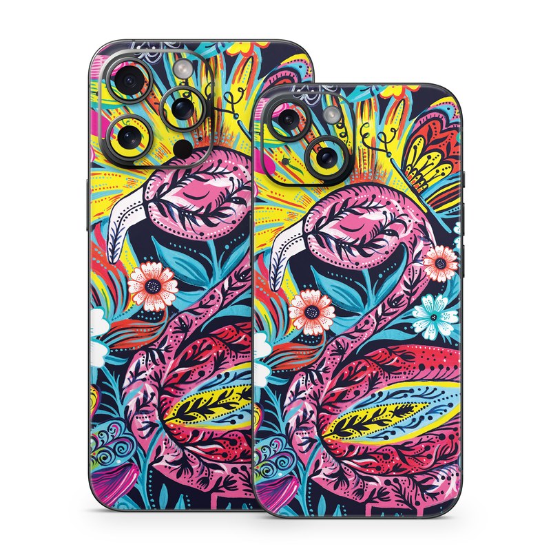 iPhone 15 Series Skin design of Psychedelic art, Pattern, Visual arts, Art, Design, Textile, Illustration, Plant, Graphic design, Drawing, with pink, yellow, black, blue, white colors