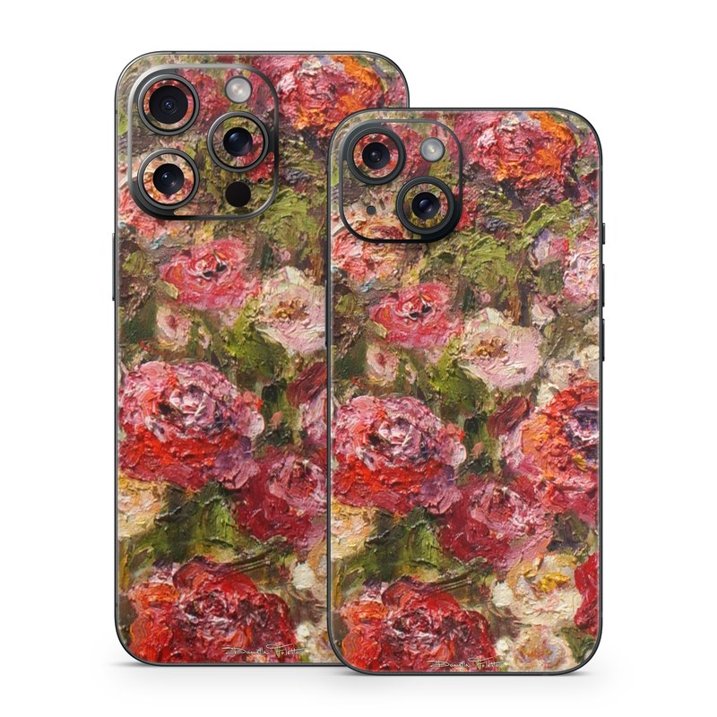 iPhone 15 Series Skin design of Flower, Garden roses, Rose, Plant, Floribunda, Flowering plant, Rosa × centifolia, Rose family, Botany, Petal, with red, black, green, gray colors