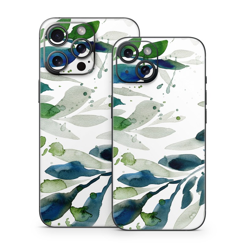 iPhone 15 Series Skin design of Leaf, Branch, Plant, Tree, Botany, Flower, Design, Eucalyptus, Pattern, Watercolor paint, with white, blue, green, gray colors