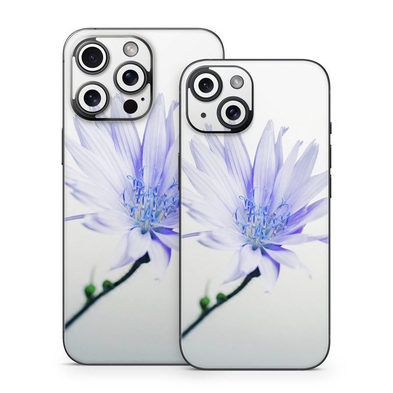 iPhone 15 Series Skin design of Blue, Flower, Plant, Petal, Close-up, Macro photography, Flowering plant, Herbaceous plant, Wildflower, Photography, with gray, white, yellow colors