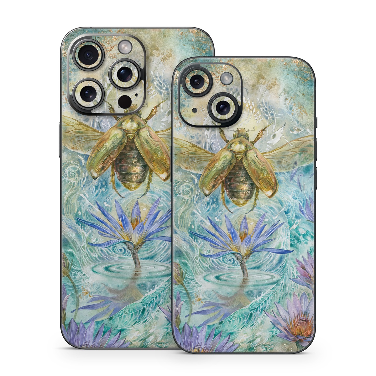 iPhone 15 Series Skin design of Painting, Fictional character, Art, Flower, Watercolor paint, Plant, Wildflower, Angel, Honeybee, Mythology, with blue, yellow, brown, purple, red, white colors