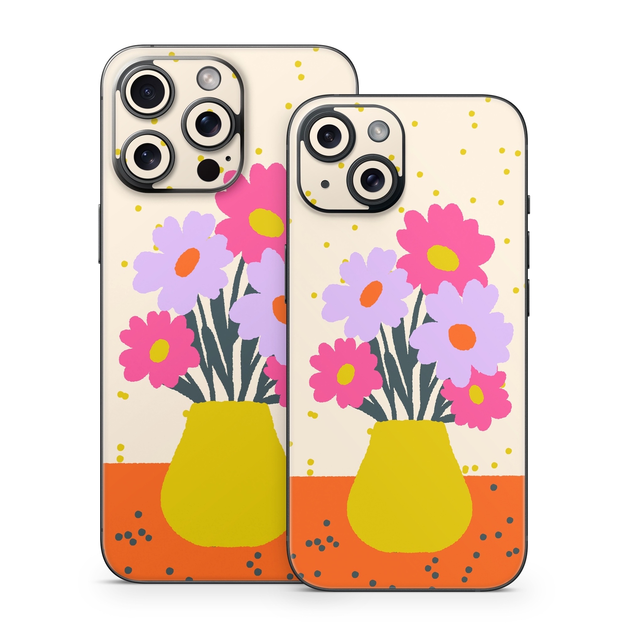 iPhone 15 Series Skin design of Flower, Plant, Vase, Flowerpot, Petal, Happy, People in nature, Liquid, Font, Art, with white, orange, pink, purple, yellow colors