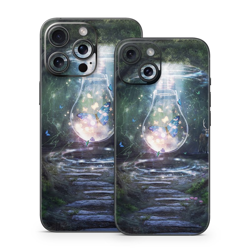 iPhone 15 Series Skin design of Nature, Green, Darkness, Natural environment, Light, Infrastructure, Tunnel, Tree, Forest, Art, with white, black, brown, green, blue, yellow colors