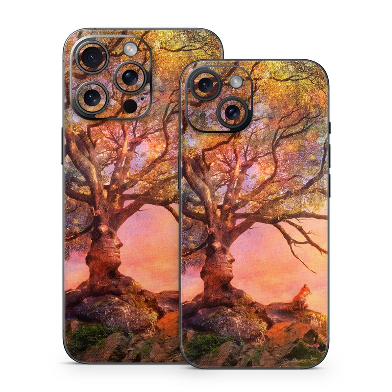 iPhone 15 Series Skin design of Nature, Tree, Sky, Natural landscape, Branch, Leaf, Woody plant, Trunk, Landscape, Plant, with pink, red, black, green, gray, orange colors
