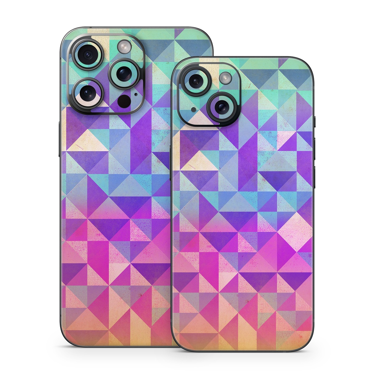 iPhone 15 Series Skin design of Pattern, Purple, Triangle, Violet, Magenta, Line, Design, Symmetry, Psychedelic art, with gray, purple, green, blue, pink colors