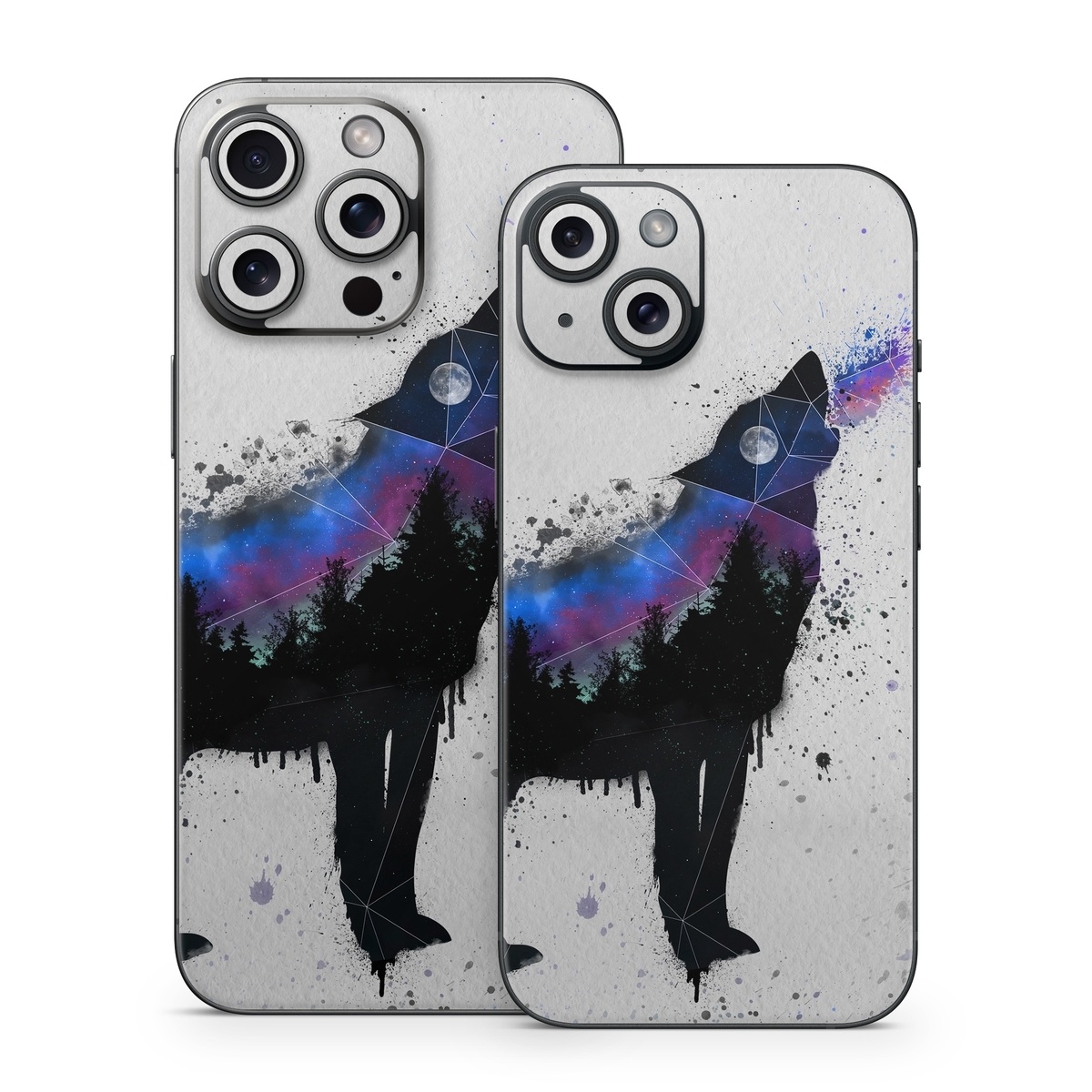 iPhone 15 Series Skin design of Canidae, Art, Illustration, Watercolor paint, Dog, Graphic design, Street art, Acrylic paint, Painting, Visual arts, with gray, white, blue, black, green, purple colors