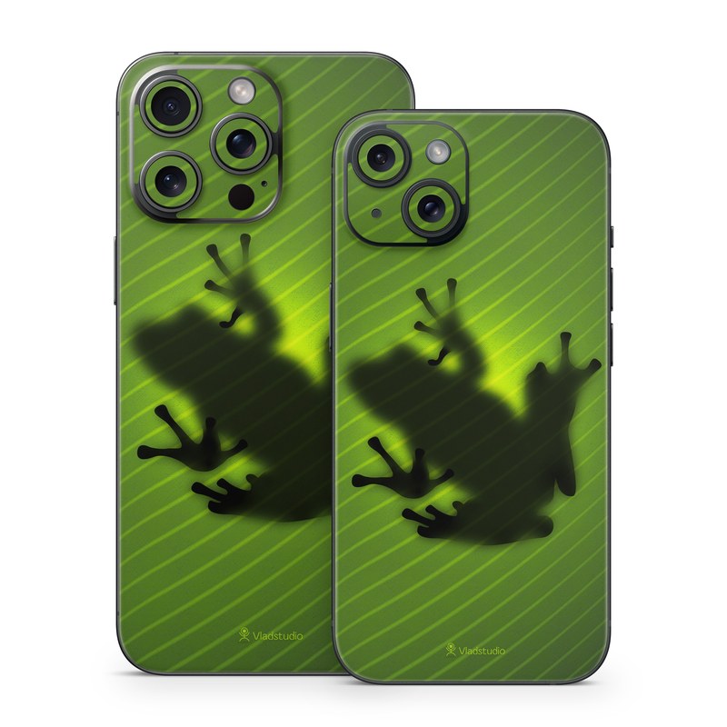 iPhone 15 Series Skin design of Green, Frog, Tree frog, Amphibian, Shadow, Silhouette, Macro photography, Illustration, with green, black colors