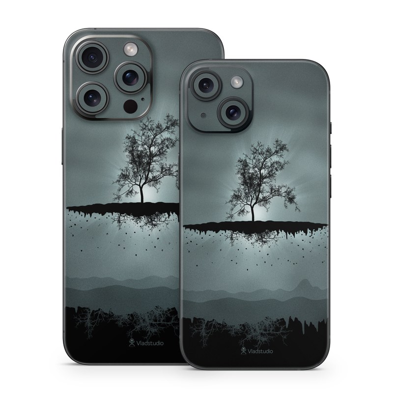 iPhone 15 Series Skin design of Reflection, Sky, Nature, Water, Black, Tree, Black-and-white, Monochrome photography, Natural landscape, Atmospheric phenomenon, with black, gray, blue colors
