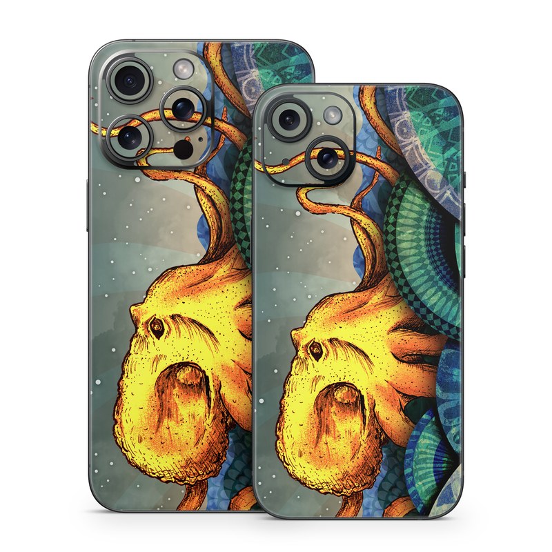 iPhone 15 Series Skin design of Illustration, Fractal art, Art, Cg artwork, Sky, Organism, Psychedelic art, Graphic design, Graphics, Octopus, with black, gray, blue, green, red colors