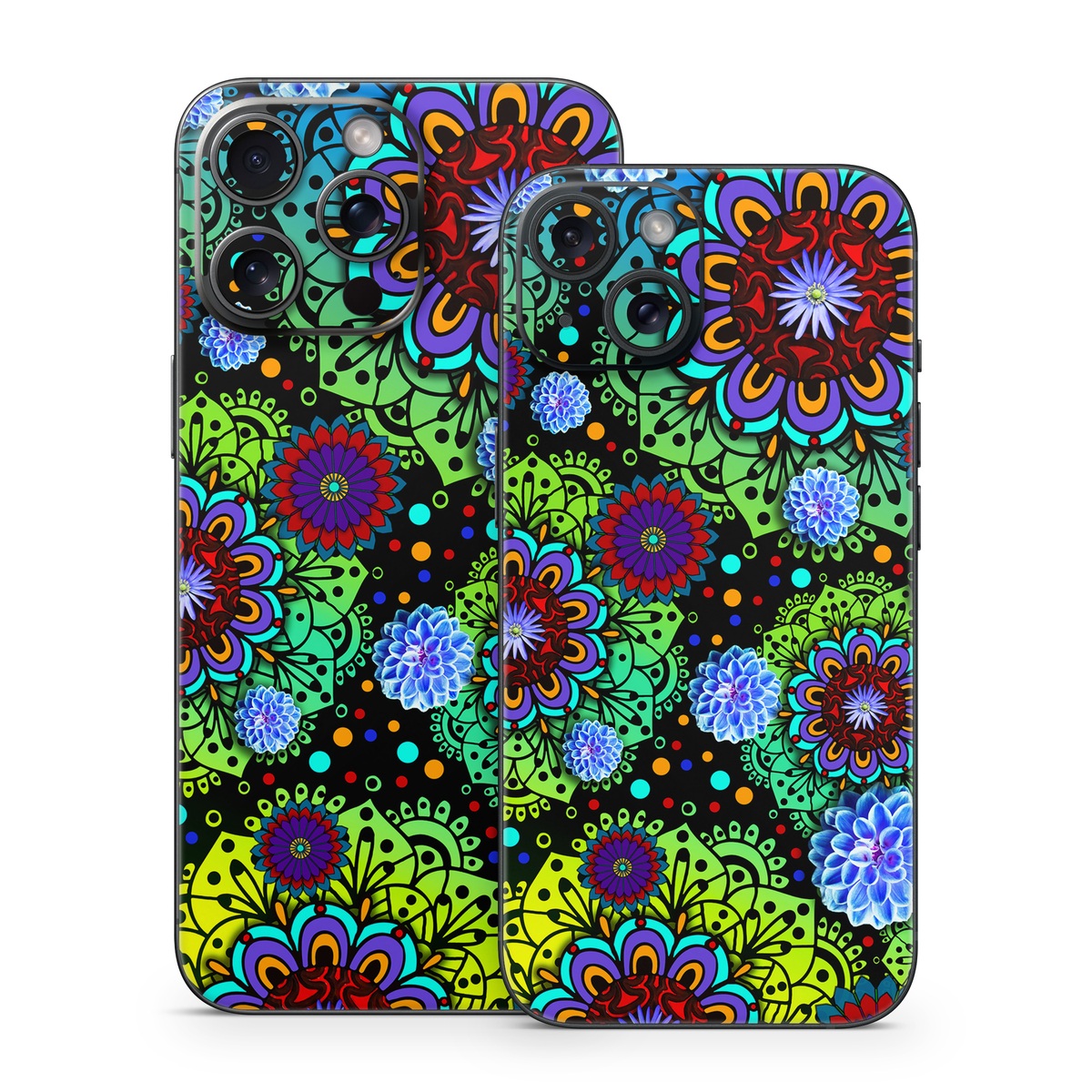 iPhone 15 Series Skin design of Pattern, Psychedelic art, Design, Flower, Art, Visual arts, Floral design, Plant, Textile, Symmetry, with black, blue, green, purple colors