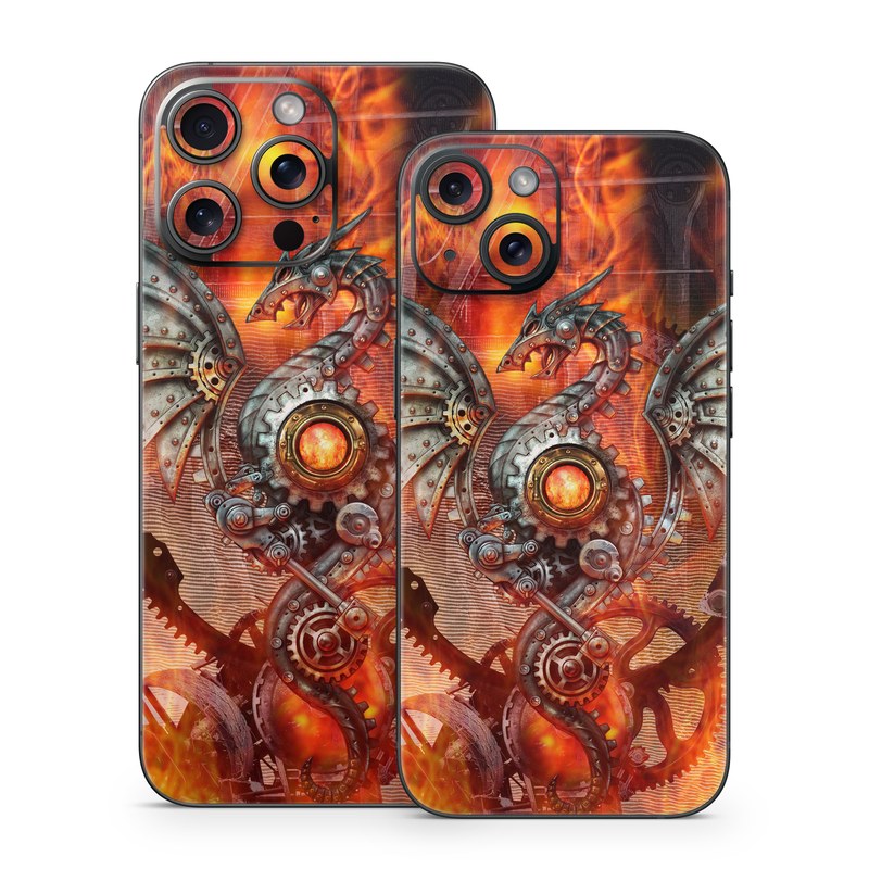 iPhone 15 Series Skin design of Dragon, Demon, Cg artwork, Illustration, Fictional character, Fractal art, Flame, Art, Mythology, Supernatural creature, with red, black, orange, pink, green colors