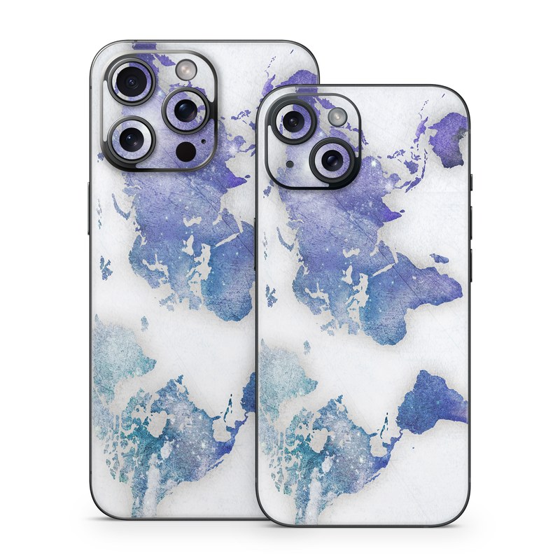 iPhone 15 Series Skin design of World, Map, Watercolor paint, Illustration, with white, blue, purple colors