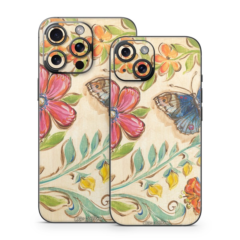 iPhone 15 Series Skin design of Butterfly, Moths and butterflies, Insect, Pollinator, Plant, Pattern, Watercolor paint, Wildflower, Visual arts, Brush-footed butterfly, with gray, pink, green, red, orange, blue colors