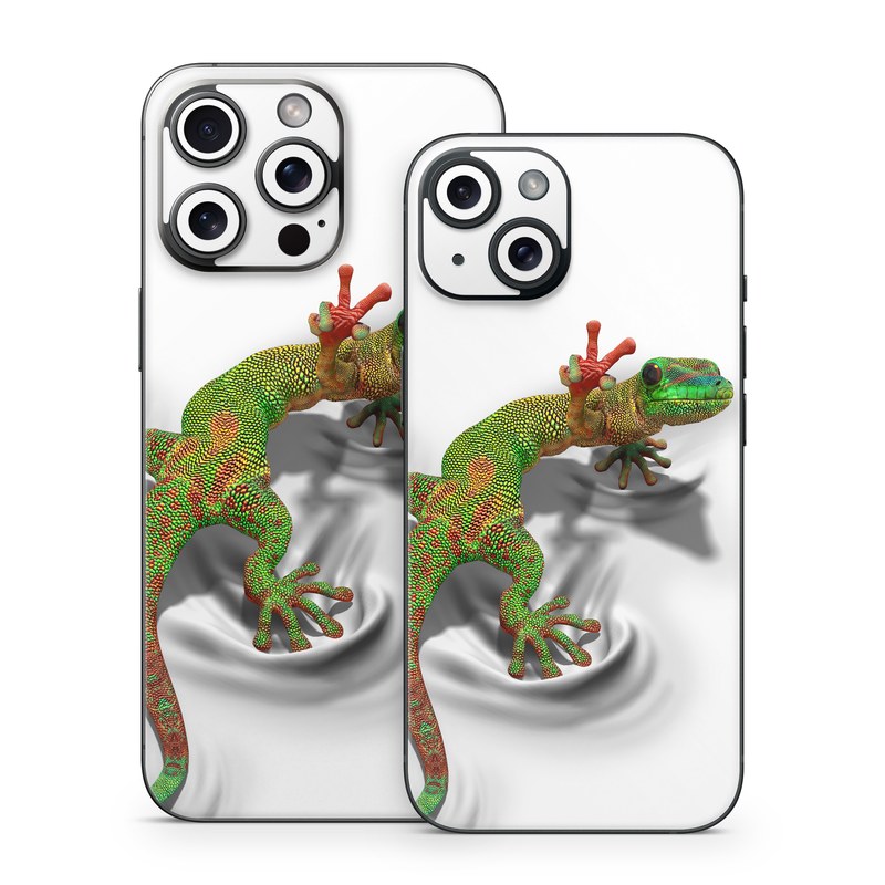 iPhone 15 Series Skin design of Lizard, Reptile, Gecko, Scaled reptile, Green, Iguania, Animal figure, Wall lizard, Fictional character, Iguanidae, with white, gray, black, red, green colors