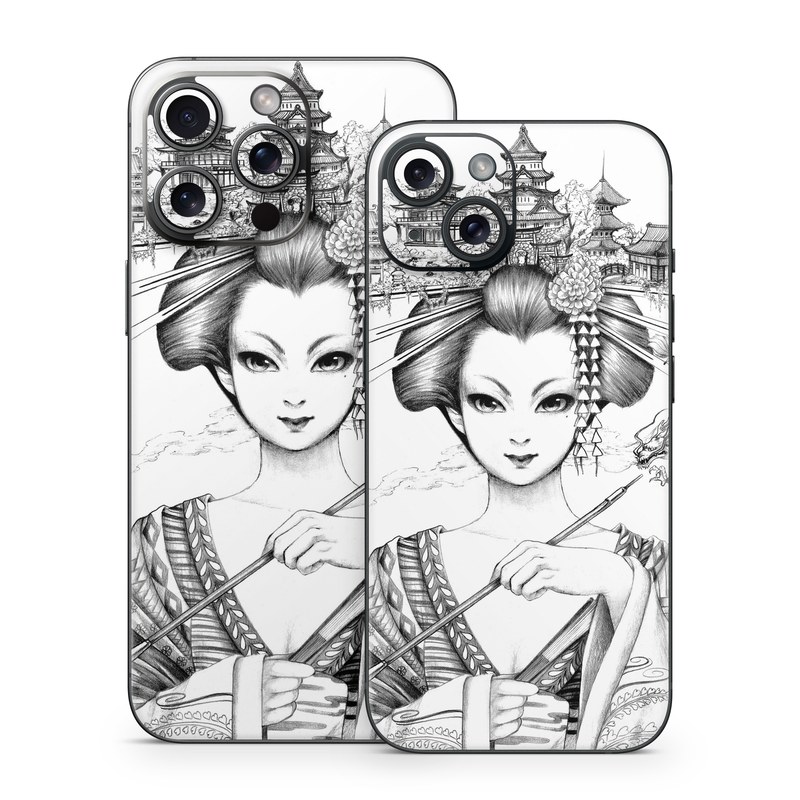iPhone 15 Series Skin design of Illustration, Head, Hairstyle, Line art, Art, Fashion illustration, Drawing, Coloring book, Black-and-white, Clip art, with black, white, gray colors