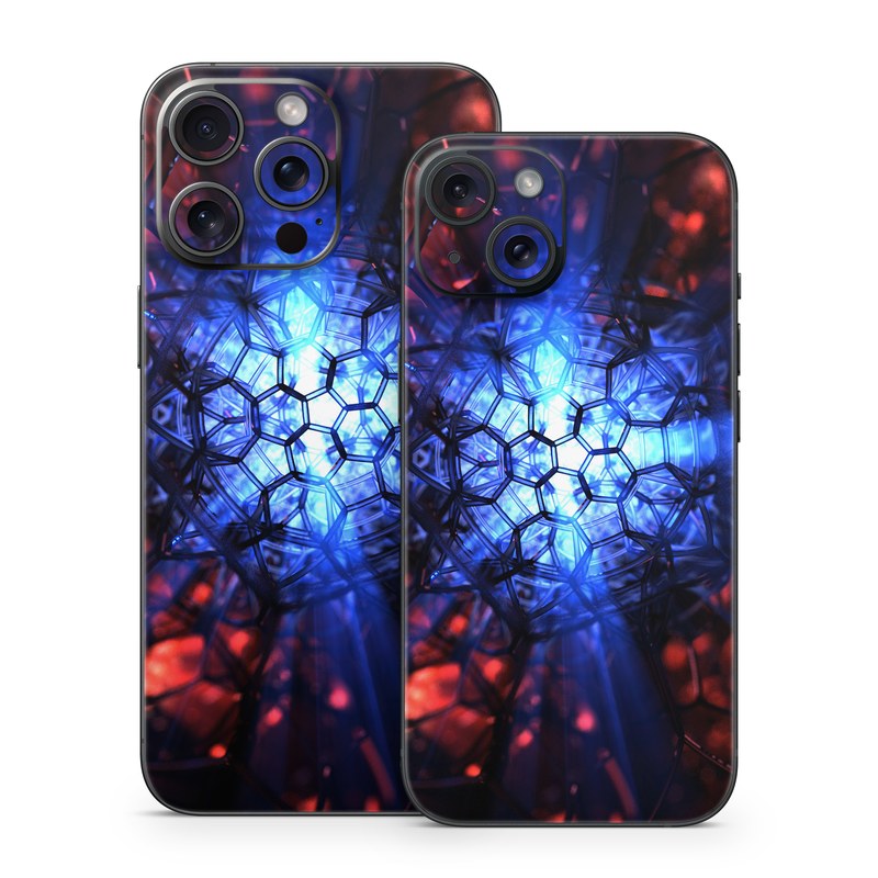 iPhone 15 Series Skin design of Blue, Fractal art, Red, Light, Pattern, Lighting, Art, Kaleidoscope, Design, Psychedelic art, with black, blue, red colors