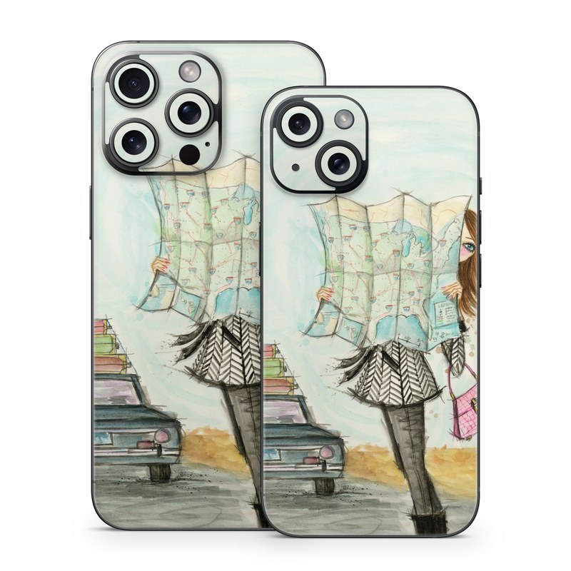 iPhone 15 Series Skin design of Fashion illustration, Sketch, Watercolor paint, Illustration, Drawing, Art, Footwear, Vehicle, Painting, Fashion design, with blue, black, gray, white, pink, brown, green, orange, yellow colors