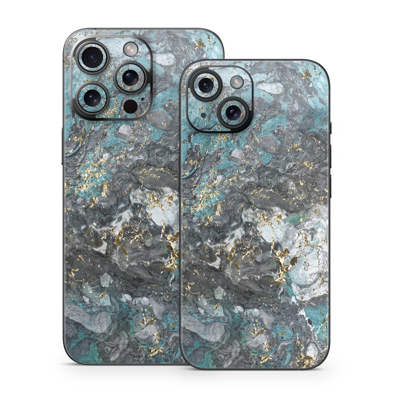 iPhone 15 Series Skin design of Blue, Turquoise, Green, Aqua, Teal, Geology, Rock, Painting, Pattern, with black, white, gray, green, blue colors