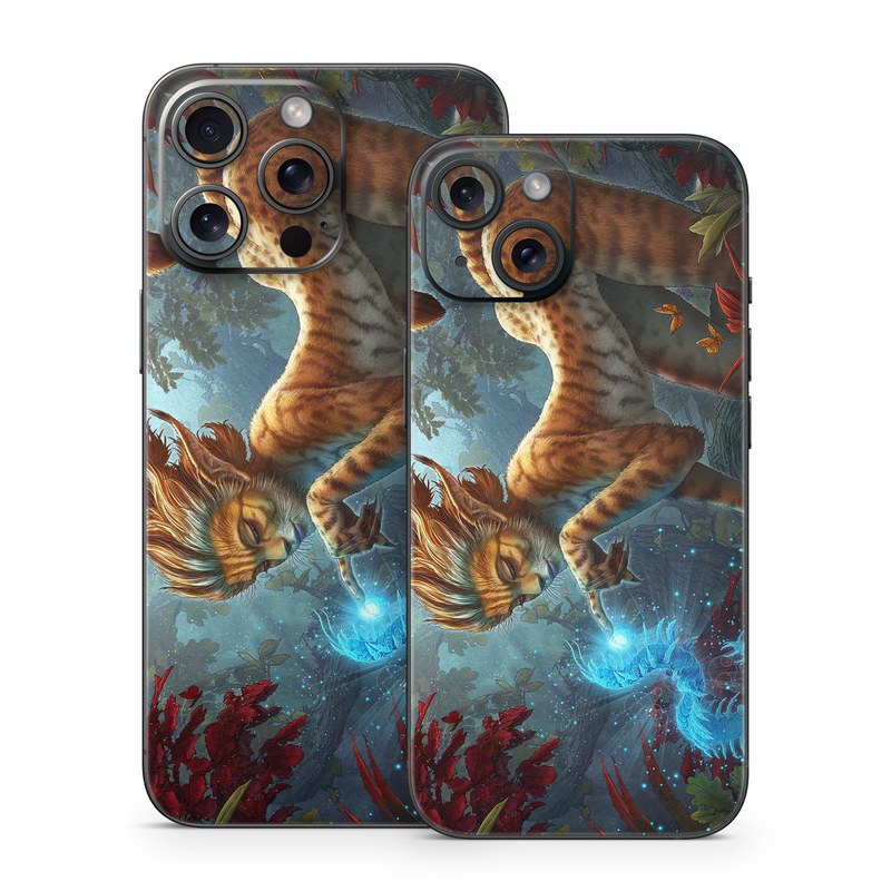 iPhone 15 Series Skin design of Fictional character, Mythology, Illustration, Cg artwork, Sky, Organism, Dragon, Felidae, Mythical creature, Art, with yellow, red, black, green, blue colors