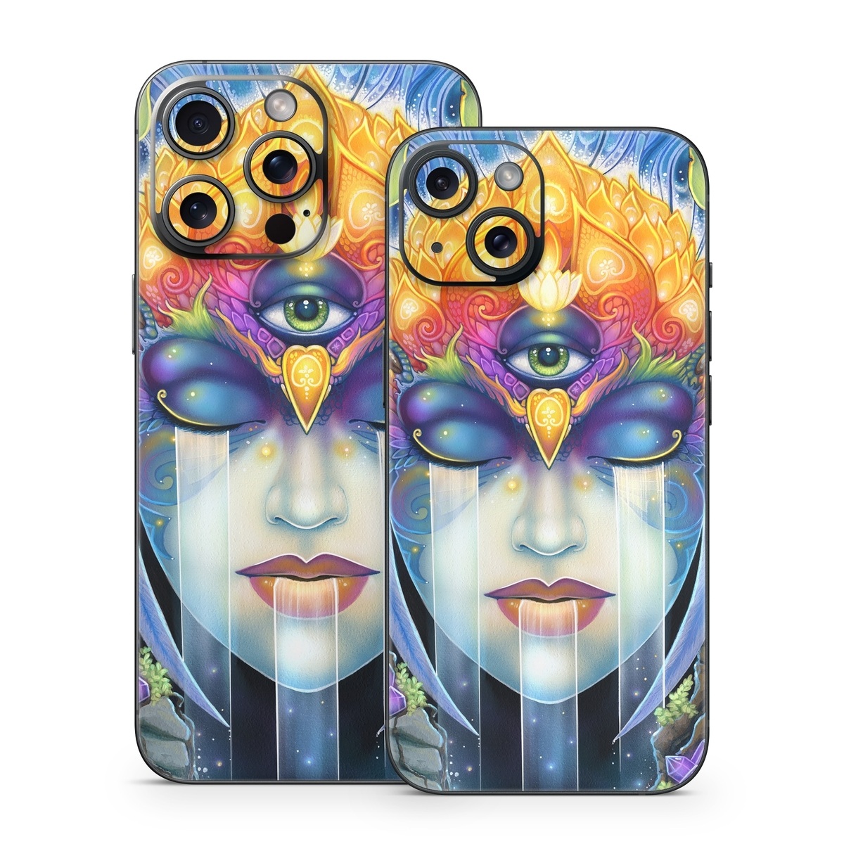iPhone 15 Series Skin design of Art paint, Paint, Painting, Art, Illustration, Fictional character, Symmetry, Cg artwork, Visual arts, Electric blue, with blue, yellow, orange, red, purple, blue, green, brown, gray colors