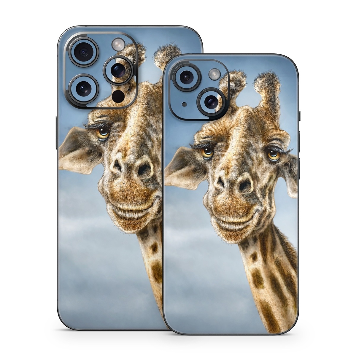 iPhone 15 Series Skin design of Giraffe, Giraffidae, Terrestrial animal, Wildlife, Head, Snout, Organism, Adaptation, Close-up, Neck, with gray, black, blue, green colors
