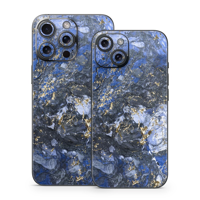 iPhone 15 Series Skin design of Blue, Water, Cobalt blue, Rock, Painting, Geology, Electric blue, Mineral, Pattern, Acrylic paint, with black, blue, yellow, white, gray colors