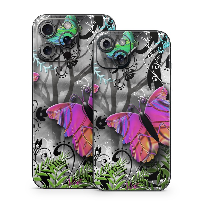 iPhone 15 Series Skin design of Butterfly, Pink, Purple, Violet, Organism, Spring, Moths and butterflies, Botany, Plant, Leaf, with black, gray, green, purple, red colors