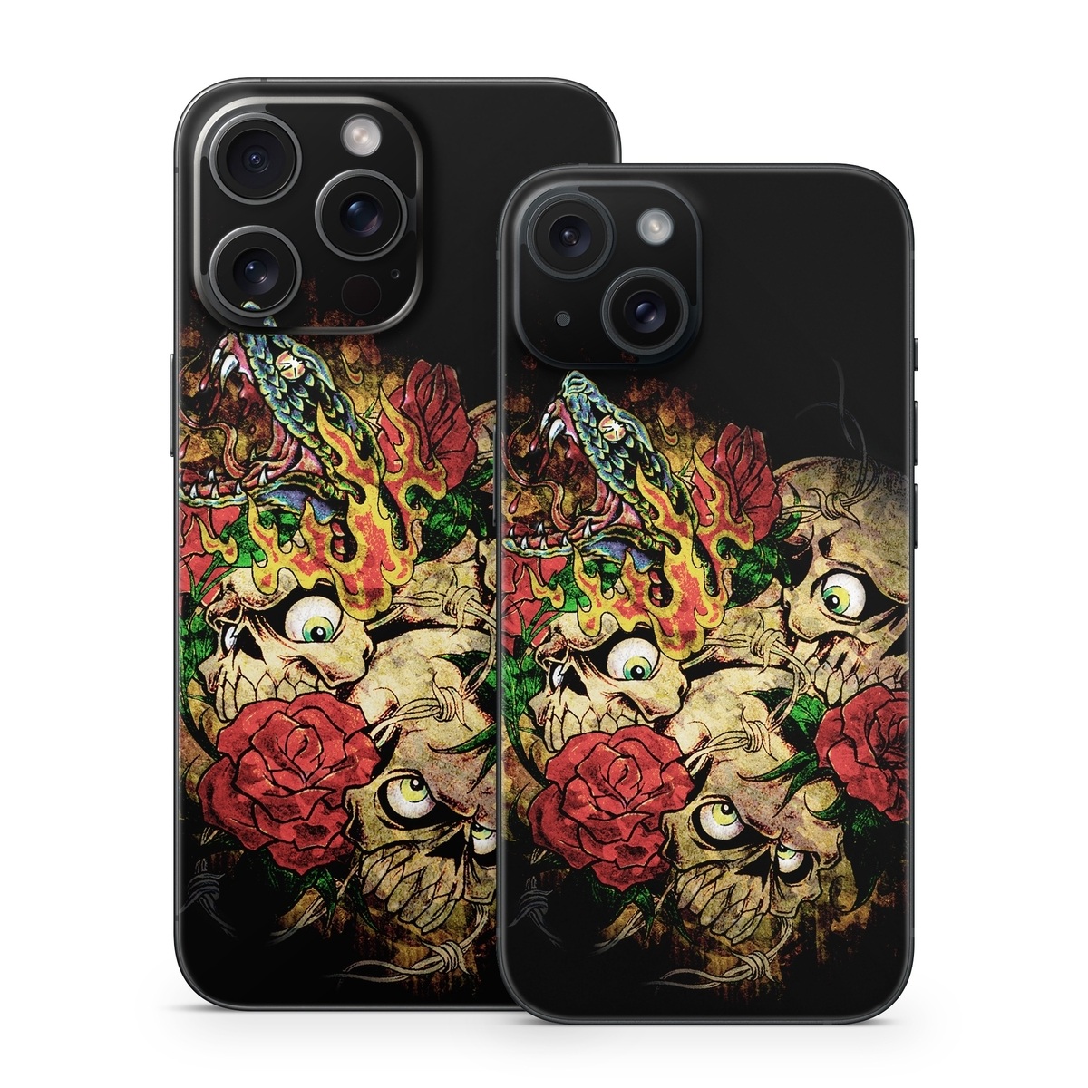 iPhone 15 Series Skin design of Illustration, Bouquet, Art, Skull, Plant, Rose, Flower, Graphic design, Fictional character, Floral design, with black, red, green, gray colors