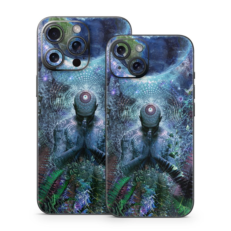 iPhone 15 Series Skin design of Psychedelic art, Fractal art, Art, Space, Organism, Earth, Sphere, Graphic design, Circle, Graphics, with blue, green, gray, purple, pink, black, white colors