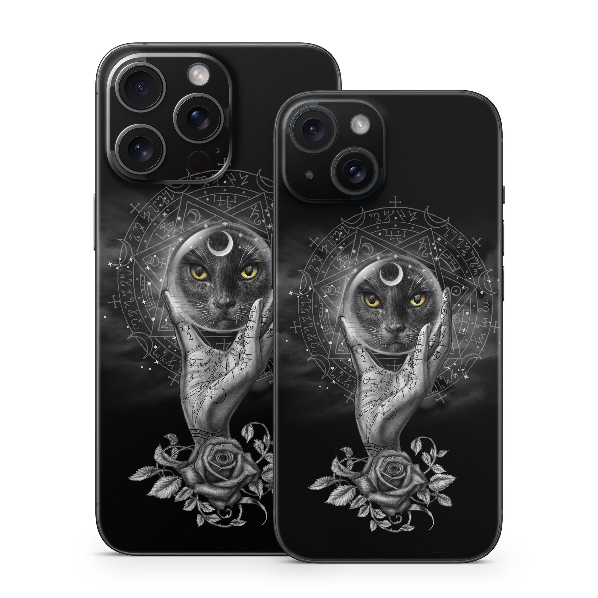 iPhone 15 Series Skin design of Head, Eye, Flash photography, Painting, Headgear, Art, Font, Snout, Darkness, Owl, with black, white, gray colors