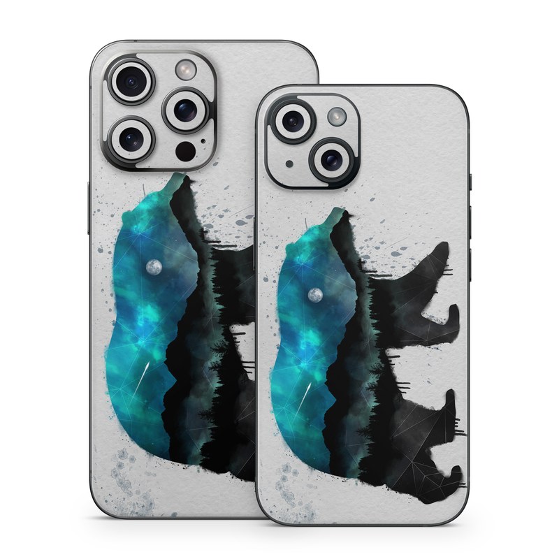 iPhone 15 Series Skin design of Bear, Illustration, Grizzly bear, Art, Watercolor paint, Snout, Carnivore, Graphic design, Space, Polar bear, with gray, black, white, green, blue colors