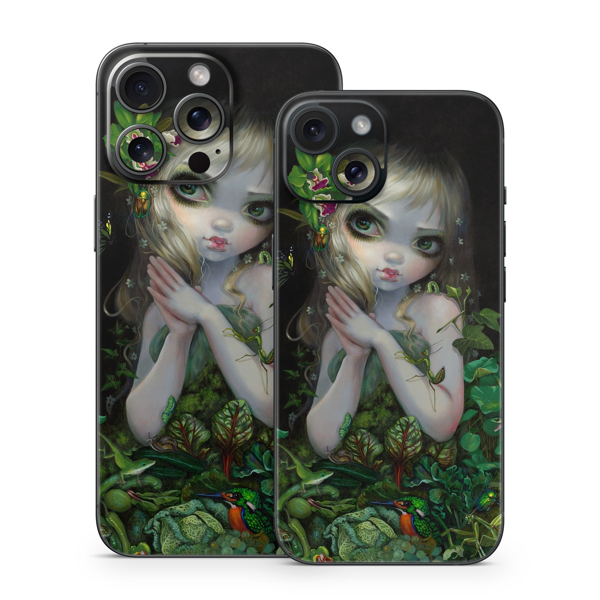 iPhone 15 Series Skin design of Green, Doll, Fictional character, Lip, Plant, Supervillain, Flower, Illustration, Ivy, Fawn, with black, white, green, red colors